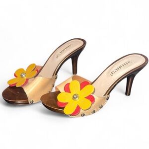 Yellow/Red Floral Leather Slide Heels